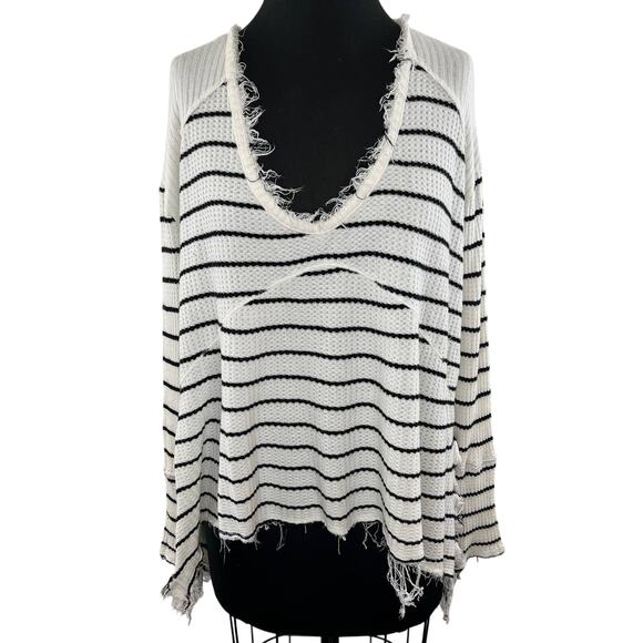 Free People Sunset Park Distress Scoop Neck Knit Top White Black Stripe S Small - Picture 1 of 8